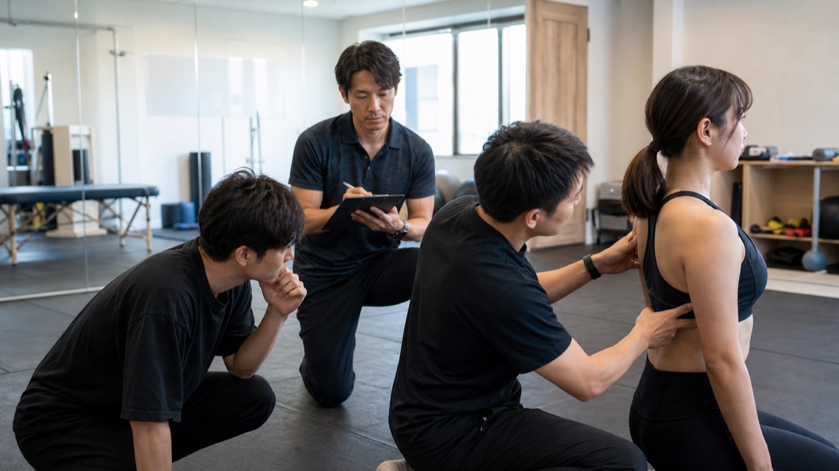 講師が記録を取りながら、受講生が触診の実技を練習している講習の様子